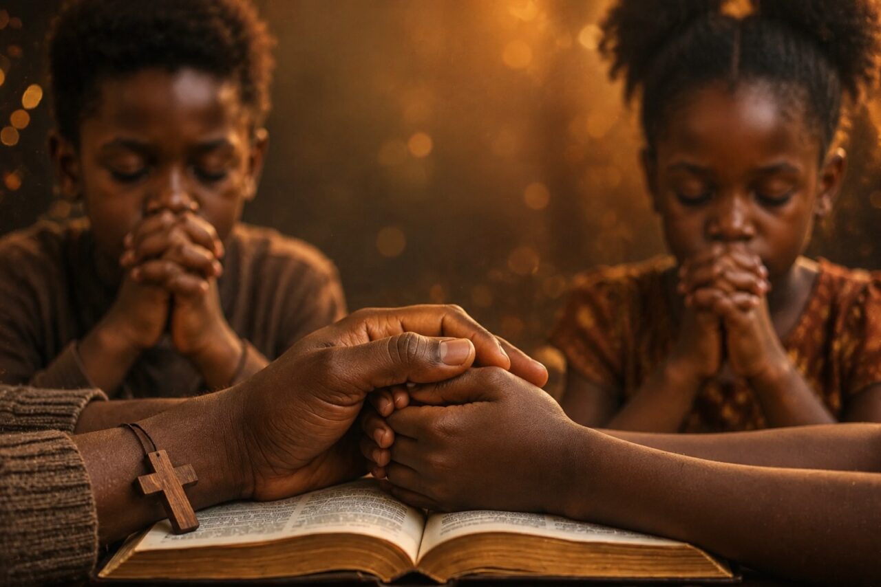 African family praying over an open Bible